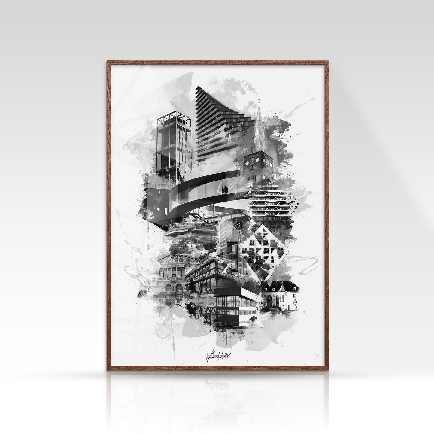 Aarhus plakat med Rådhustårnet og Domkirken i sort/hvid minimalistisk stil på lys baggrund