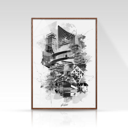 Aarhus plakat med Rådhustårnet og Domkirken i sort/hvid minimalistisk stil på lys baggrund