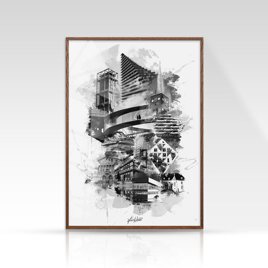 Aarhus plakat med Rådhustårnet og Domkirken i sort/hvid minimalistisk stil på lys baggrund